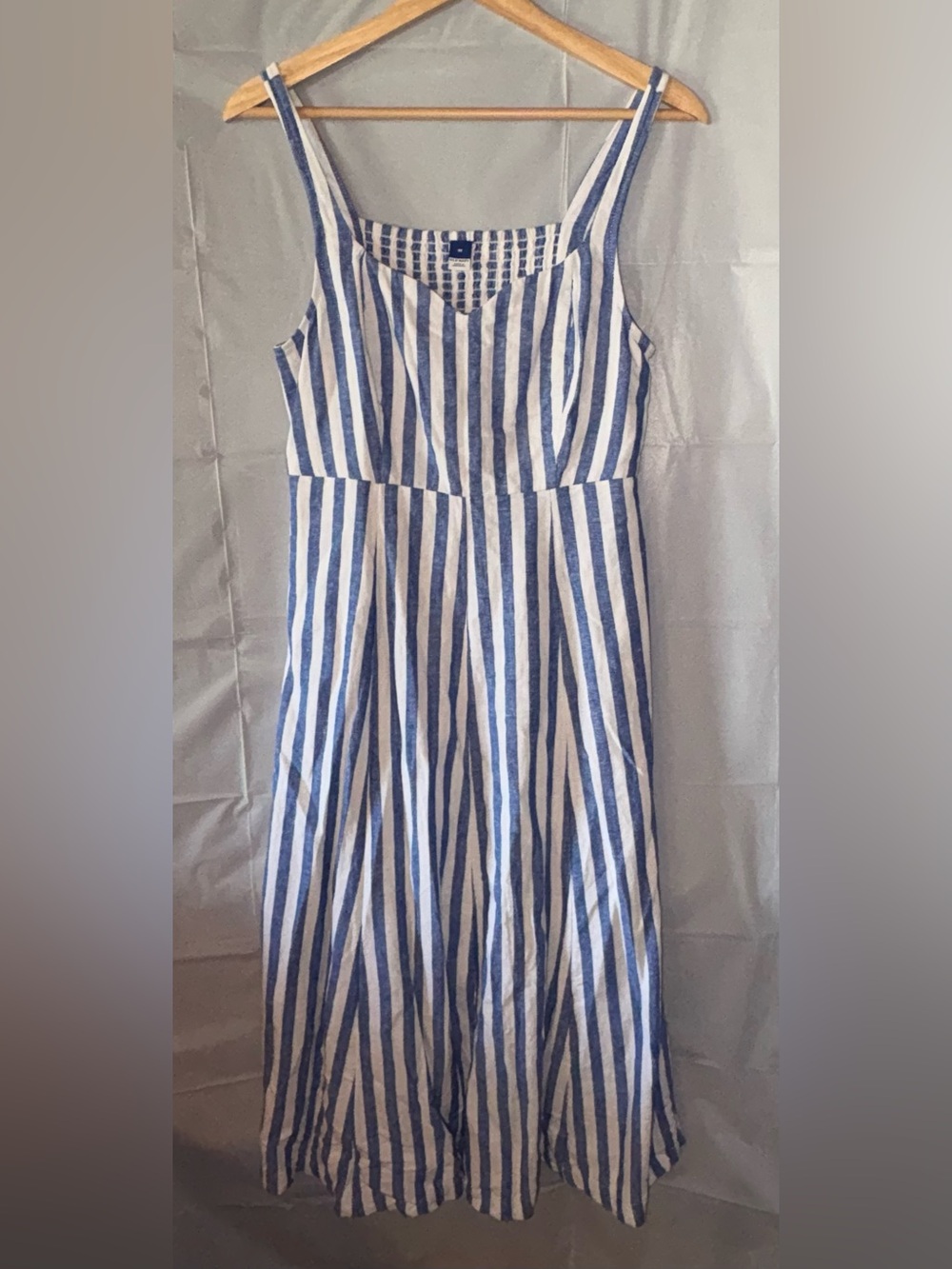 Old Navy Striped Maxi Dress Med Blue White Linen Cottagecore Picnic Dorothy